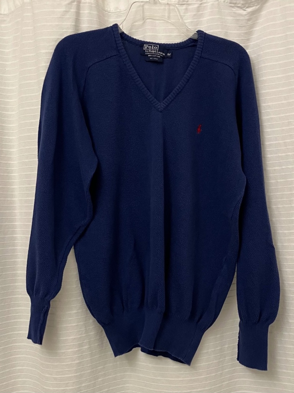 Polo Ralph Lauren Blue Cotton V-Neck Knit Pullover Sweater Red Pony Logo Vintage